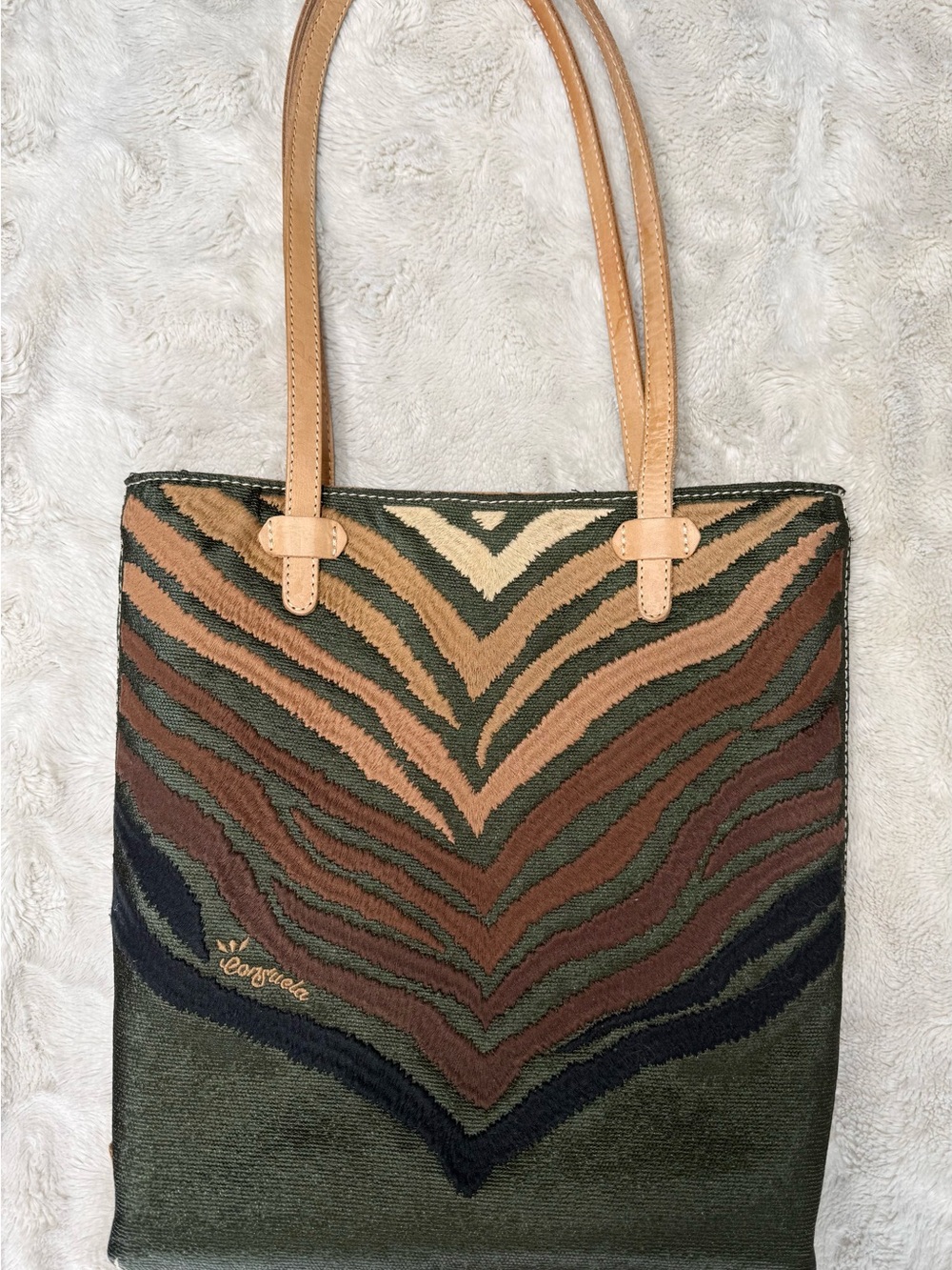 EXCELLENT CONDITION! CONSUELA Dark Grey, Tan & Brown Patterned Shoulder Tote